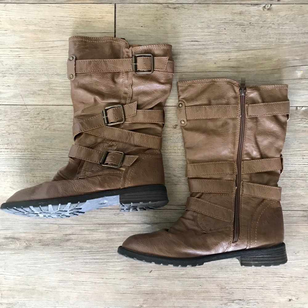 Brown Faux Leather Mid-Calf Strappy Boots 7.5
